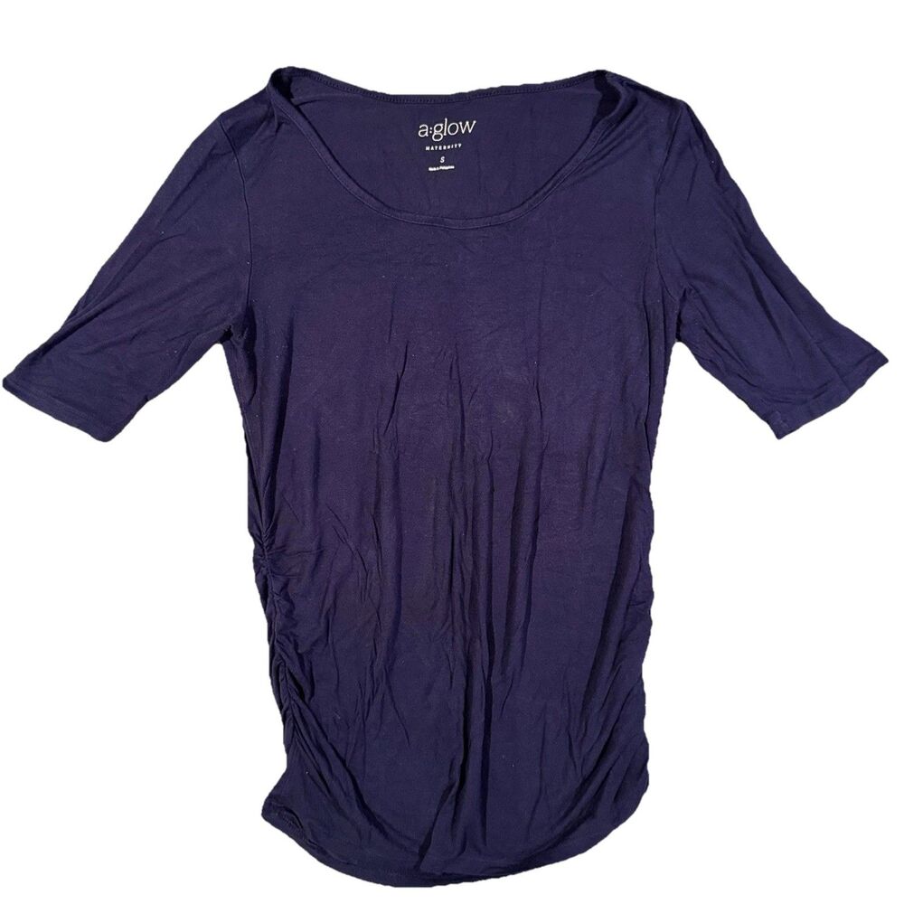 Aglow Maternity Navy Blue Rayon Top Shirt Sz Small Side Ruched Soft Short Sleeve